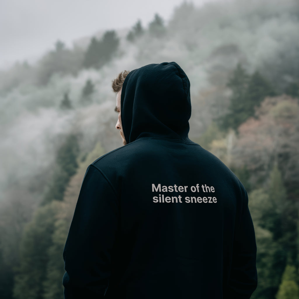 Mastering the silent sneeze Hoodie (Back) — Minimal Definition Graphic Pullover